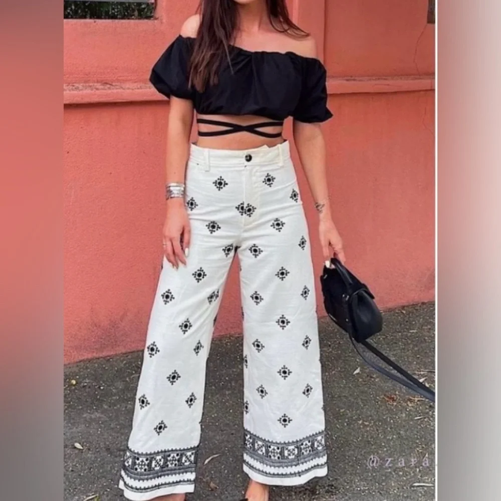 ZARA BLACK ECRU PRINTED HIGH WAIST WIDE LEG LINEN BLEND PANTS TROUSERS BOHO M